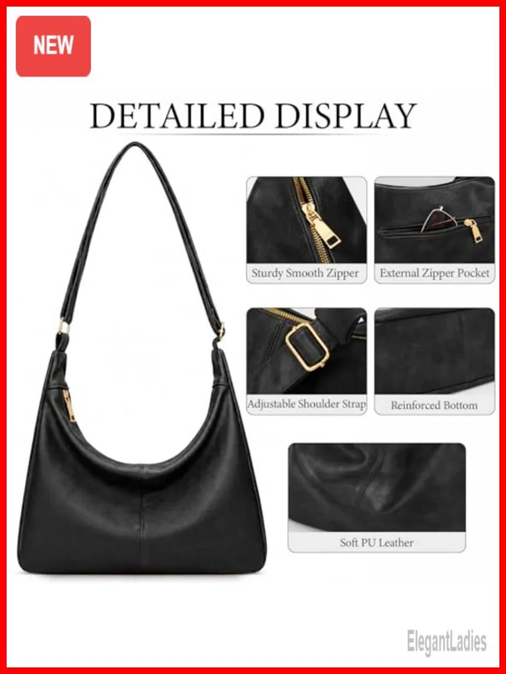 Slouchy Hobo Bag Vegan Leather Shoulder Purse Adjustable Crossbody